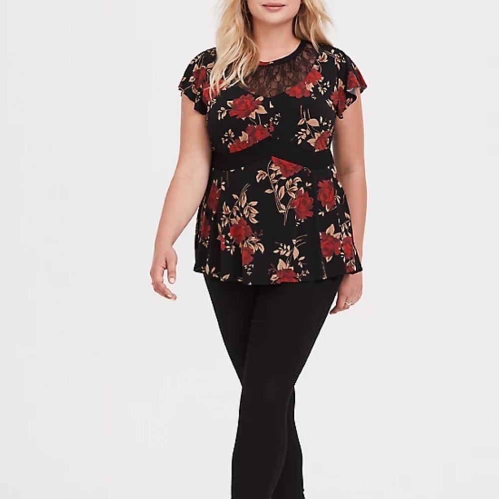 Black & Red Floral Studio Knit Lace Peplum Top